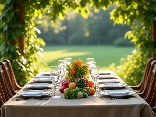 Une table dressée en plein air pour un repas farm-to-table.