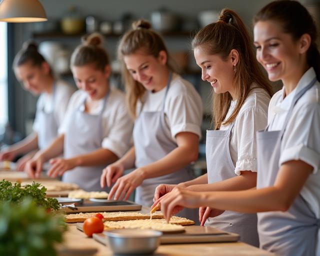 Des participants souriants dans un atelier de cuisine française.