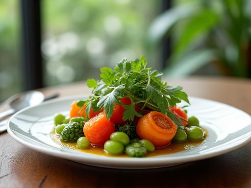 Plat végétarien gastronomique servi lors d'une retraite bien-être.