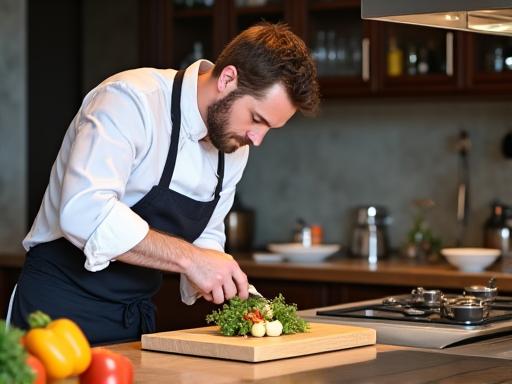 Un chef privé préparant un repas sur mesure dans une villa de vacances.